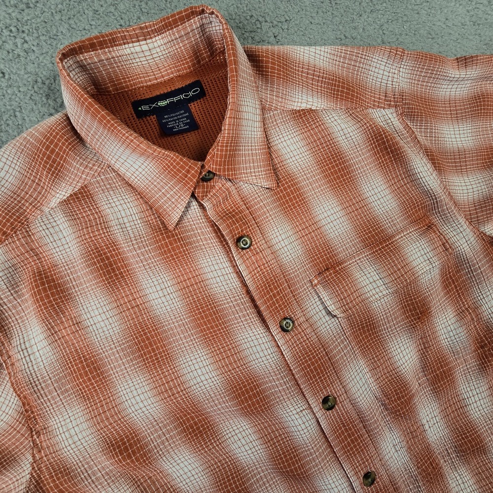 ExOfficio Shirt Mens Large Orange Plaid Button Short Sleeve Hiking Pocket